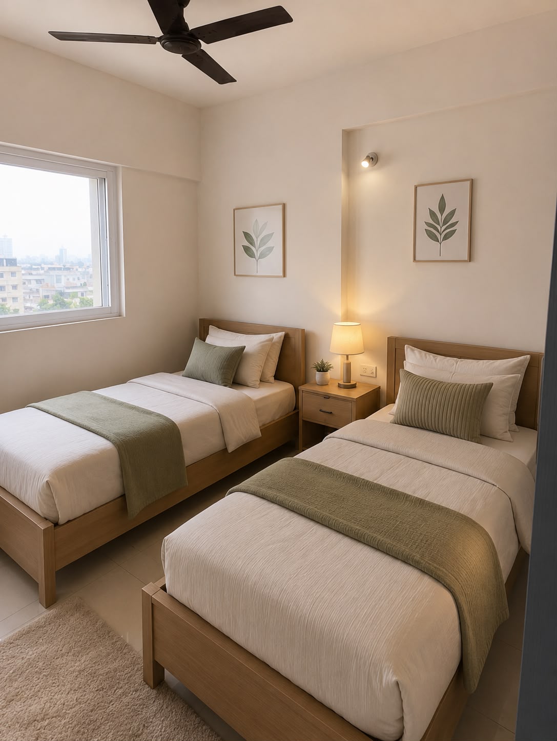 Warm twin bedroom interior at The Empyrean
